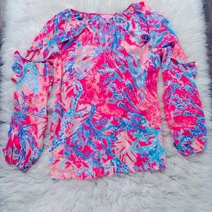 Lilly Pulitzer Elsa top, blouse, silk, pink, long sleeve, size small EUC